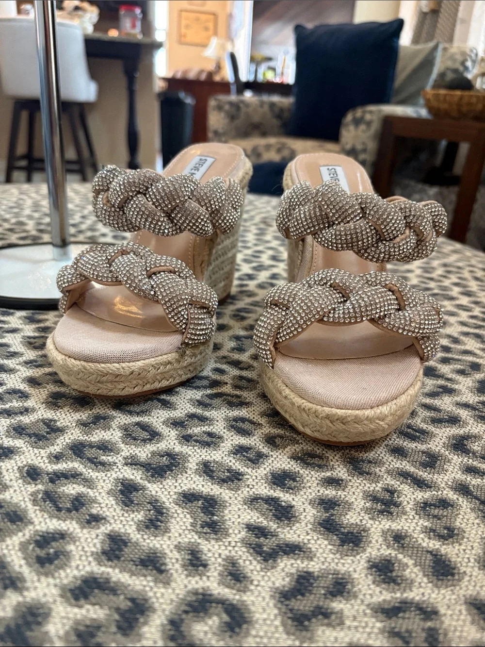 Steve Madden Nude Braided Crystal Espadrille Wedge Sandals